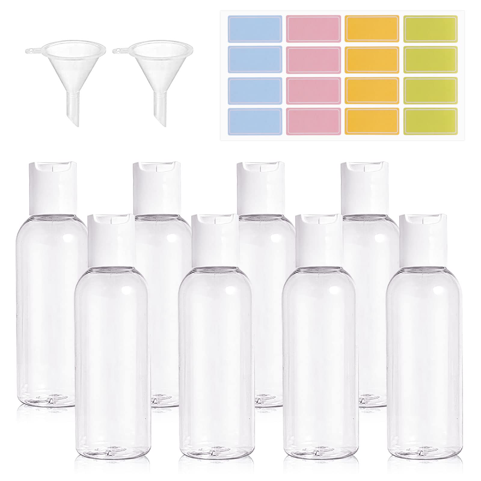 Ailvor 100ml Travel Bottles Empty Refillable 8pcs Clear Container w/ 2 Funnels & Colorful Labels, Plastic Shampoo Lotions Cosmetics (A-RYP-11)