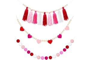 AHZEMEPINYO 1 Piece Boho Tassel Garland 1 Piece Pom Pom Garlands Balls Garland and 1 piece Wooden Bead Garland with Felt Heart for Valentine's Day Ornament Wedding Boho Home Party Baby Shower Supplies
