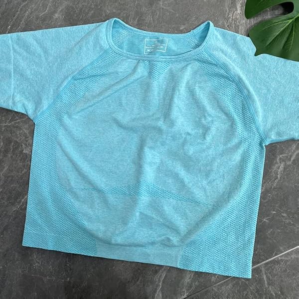 WORKOUT TOPS FOR WOMEN SEAMLESS ATHLETIC CROP TOPS SHORT SLEEVE CROPPED TOPS SCOOP NECK BASIC WORKOUT SHIRTS FOR YOGA,BLUE
