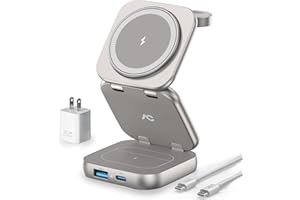 AC ISLAND Wireless Charger for MagSafe, 5-in-1 Evolved Charging Stand, 15W Max Fast Portable Magnetic Station, Titanium Aluminum Foldable for iPhone 16/15/14/13 Series, Apple Watch, AirPods (with 35W Adapter)