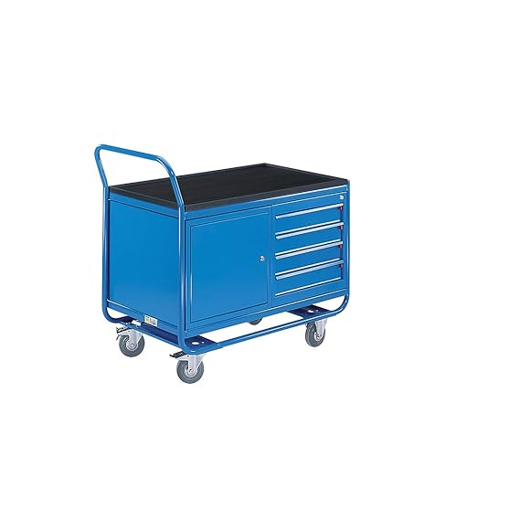 EUROKRAFT Industrie-Tischwagen - 1 Schubladenschrank, 1 Stahlblechschrank, Vollgummireifen spurlos - Fahrbare Arbeitstische A