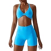 ABOCIW Workout Sets for Women 2 Piece Yoga Outfits Twist Front Halter Sports Bras Tummy Control High Waist Booty Biker Shorts Exercise Gym Sets for Women Light Blue Large