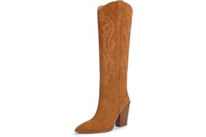 ISNOM Women's Western Boots Knee High Boots, Cowboy Cowgirl Embroidered Chunky Block Heel Pointed Toes Boots