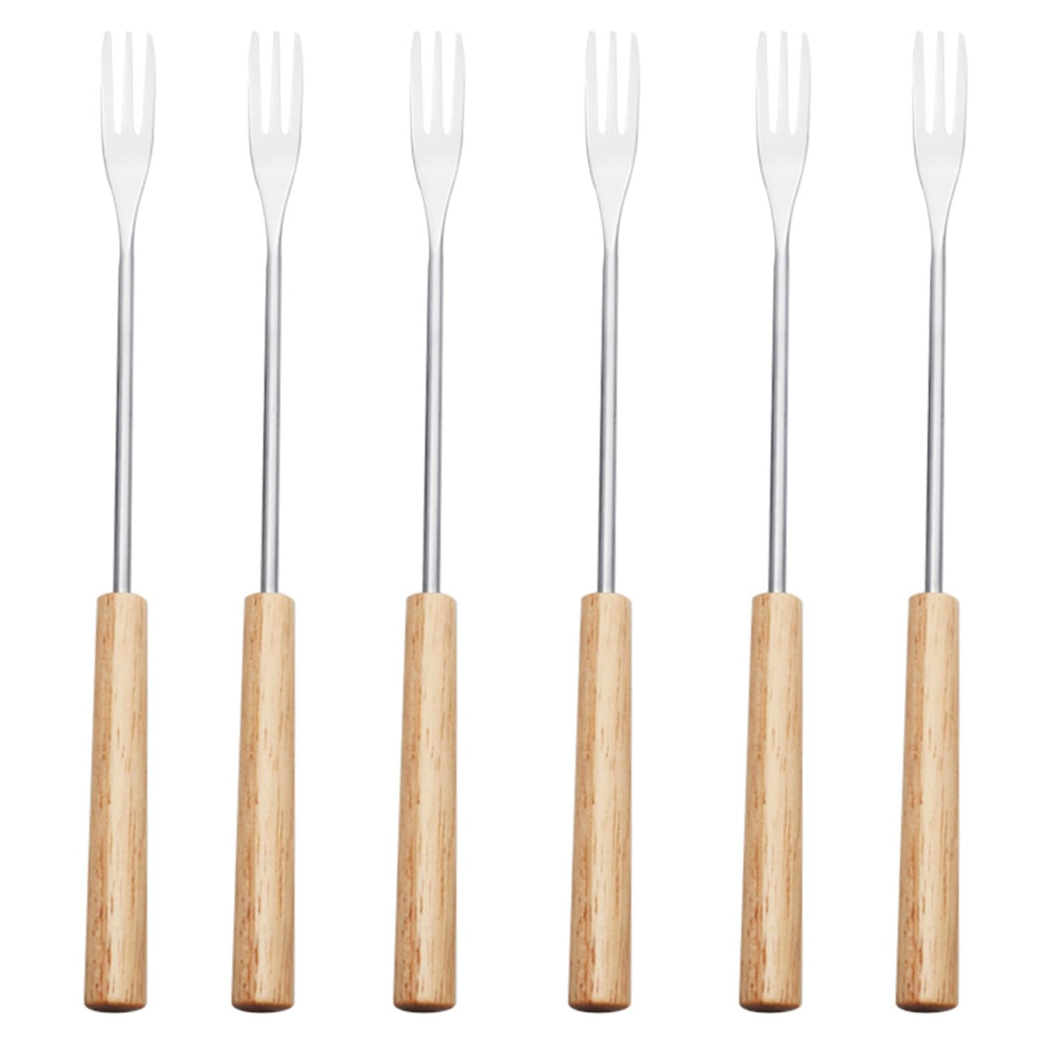Set of 6 Cheese Fondue Forks Fondue Cutlery Stainless Steel Cheese Fondue Cutlery with Heat Resistant Handle for Cheese, Chocolate, Marshmallow Meat (Wood Colour)