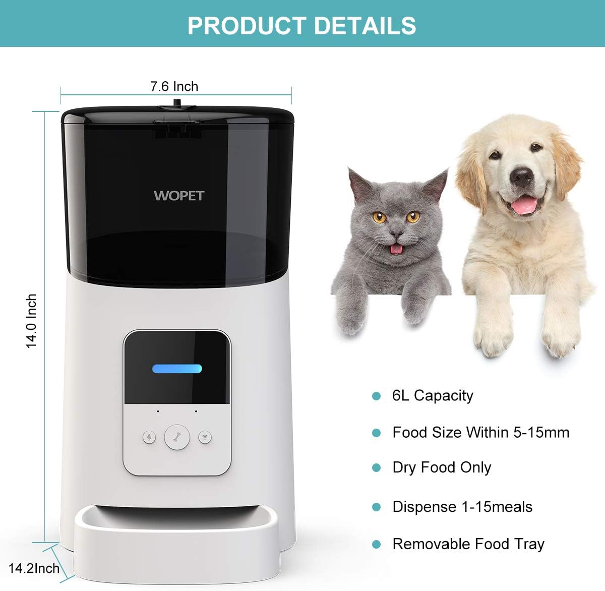 Pet Supplies : WOPET 6L Automatic Cat Feeder, Wi-Fi Enabled Smart Pet Feeder for Cats and Dogs, Auto Dog Food Dispenser with Portion Control, Distribution Alarms and Voice Recorder Up to 15 Meals per Day : 
