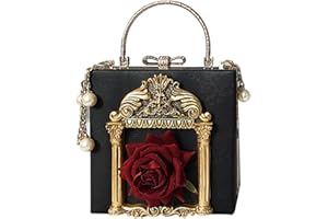QZUnique Women Love Angel Floral Evening Bag Rose Embossed Formal Purse Clutch Black Gold Crossbody Pearl Chain Shoulder Bag