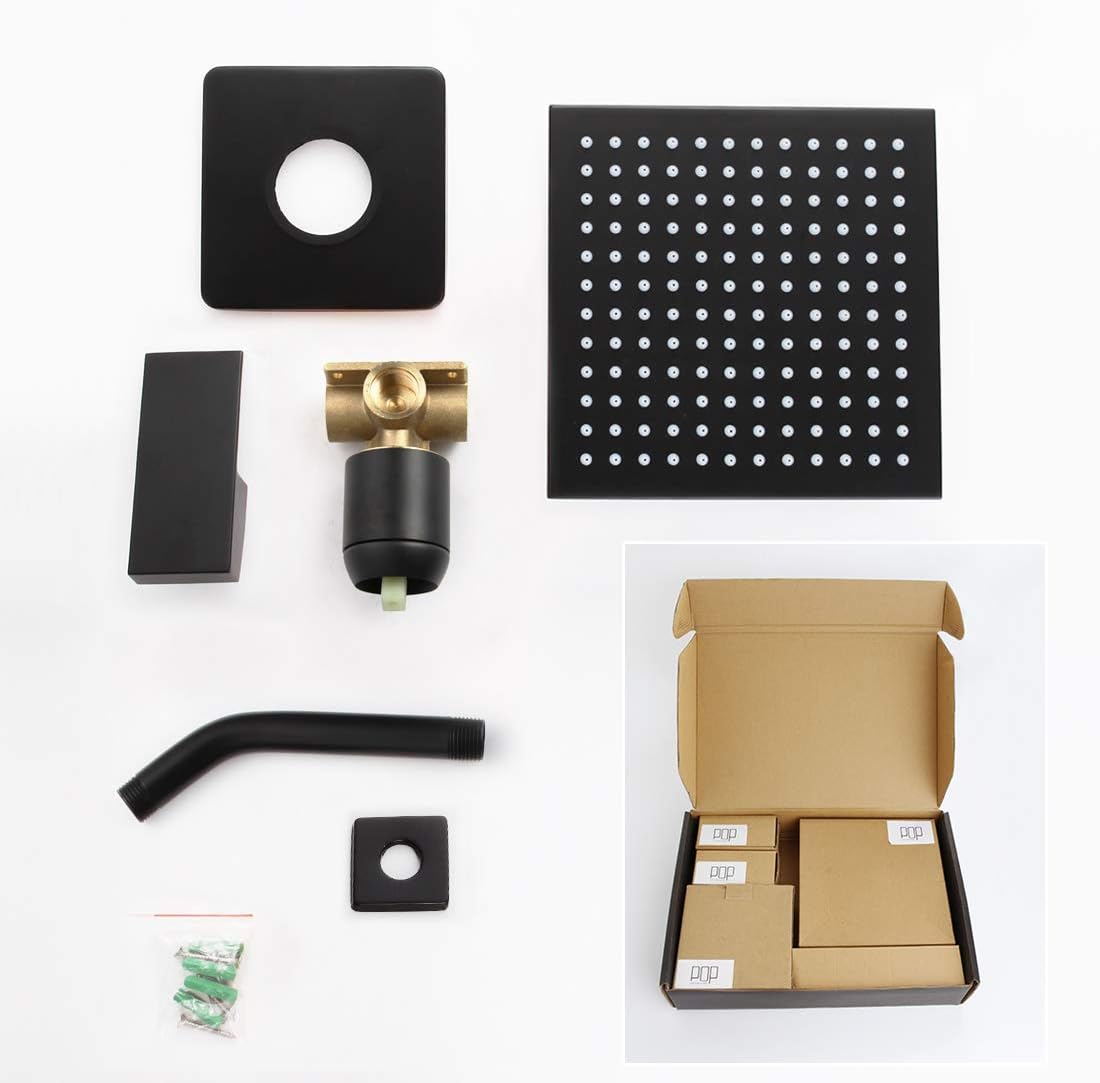 POP Matte Black Shower Faucet Set, Bathroom Rainfall Shower System with Stainless Steel Metal Showerhead, Single Function Shower Trim Kit with Rough-in Valve - - 