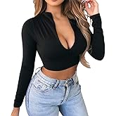 Artfish Women's Long Sleeve Quarter Zip Crop Tops Fleece Lined V Neck Fitted Sexy Cropped Shirts