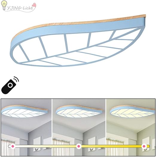 LED Deckenleuchte aus Holz/Metall Dimmbar Kinderlampe Blau Blätter