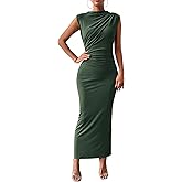 BTFBM Women's Ruched Bodycon Dress Summer Casual Sleeveless Lightweight Back Slit Elegant Club Party Cocktail Maxi Dresses