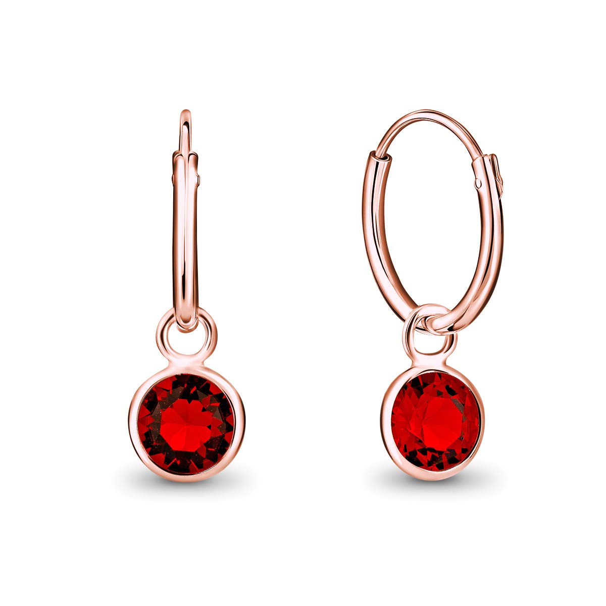 DTPsilver® 925 Sterling Silver Rose Gold Plated SMALL Hoops Earrings - Dangling 5 mm Round Glittering Crystals from Swarovski® Elements - Diameter 12 mm - Colour: Red Light Siam