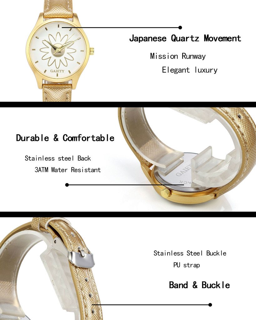 JSDDE Femme Montre à Quartz Bracelet PU Motif Fleur Boîtier en Alliage de Couleur Or Montre Bracelet Fil de Suture Montre Etanche Noir