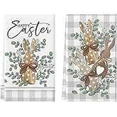 Artoid Mode Buffalo Plaid Rabbit Bunny Eucalyptus Easter Kitchen Towels Dish Towels, 18x26 Inch Spring Decoration Hand Towels Set of 2