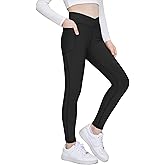 Zaclotre Girls Fleece Lined Leggings Kids Water Resistant Winter Warm Crossover Athletic Yoga Pants with Pockets
