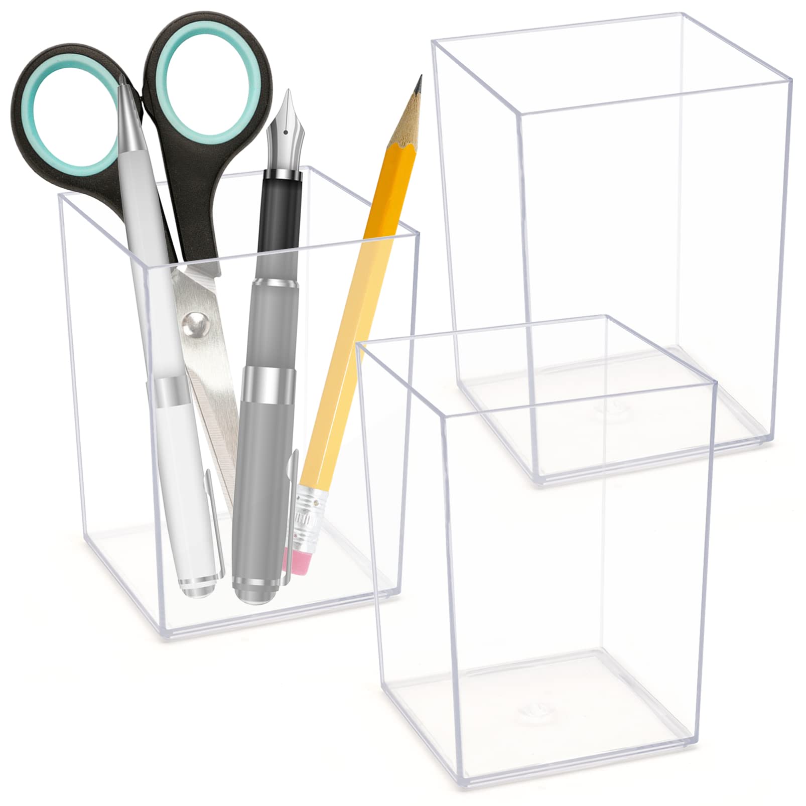 Cisolen 3 Pieces Acrylic Pen Holder Children Pen Cup Clear Pencil Holder Clear Plastic Square Pen Holder Brush Holder for Desktop Stationery Makeup Pens Stationery