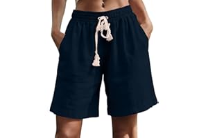 Womens Linen Pants Spring Summer Solid Color Elastic Waist Drawstring Cotton Linen Casual Shorts Comfortable Summer Pants