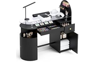 HolaiNail Manicure Table with Dust Collector, Professional Nail Tech Desk with Tempered Glass Top, Storage Cabinet & Drawer, Acetone Resistant, for Nail Beauty Salon Workstation(Black)