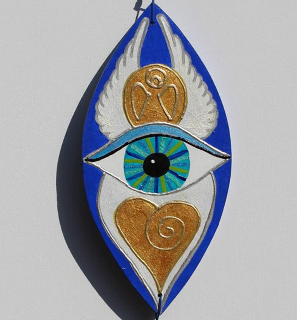 EYE OF HILARION Wall Hanging Door Sign Angel Wings Heart Royal Blue White Gold Evil Eye Talisman Good Luck Home Decor Hand Painted