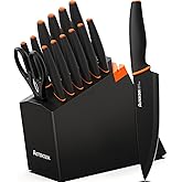 Knife Set, Astercook 15 Pcs Dishwasher Safe Kitchen Knife Set with Built-in Sharpener, High Carbon German Stainless Steel Black Knife Block Set