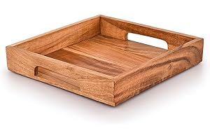 Samhita Acacia Wood Serving Tray with Handles, Ideal for Breakfast, Coffee | Dimensions: 25.5cm x 25.5cm x 4cm