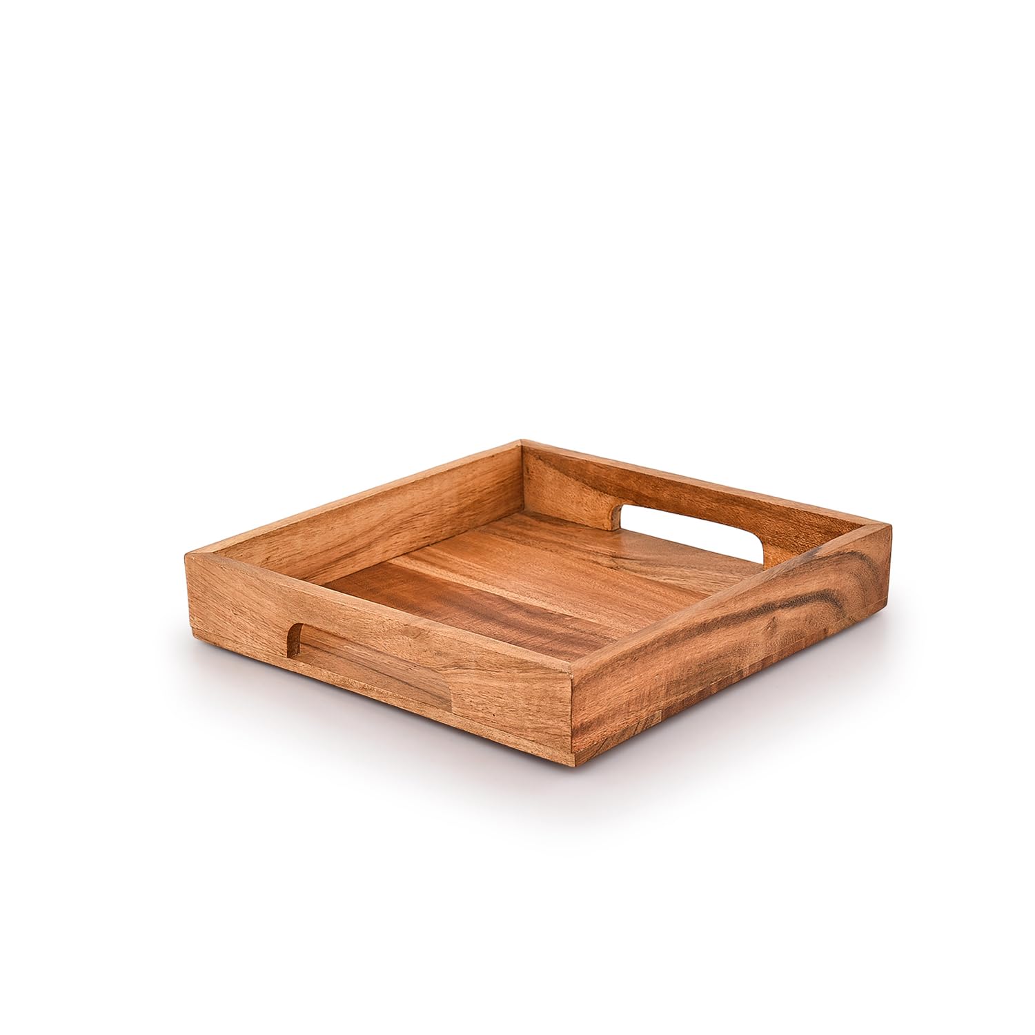 Samhita Acacia Wood Serving Tray with Handles, Great for Breakfast, Coffee | Size- 25.4cm x 25.4cm x 4.06cm