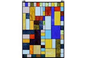 Bieye Geometric Color Block Tiffany Style Stained Glass Window Panel with Hanging Chain (18x25 inches W10091)