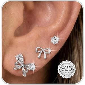 3 Pairs Silver Bow Stud Earrings Set with 925 Sterling Silver Posts | Three-pair ear stack with large bow, small bow and 3 mm