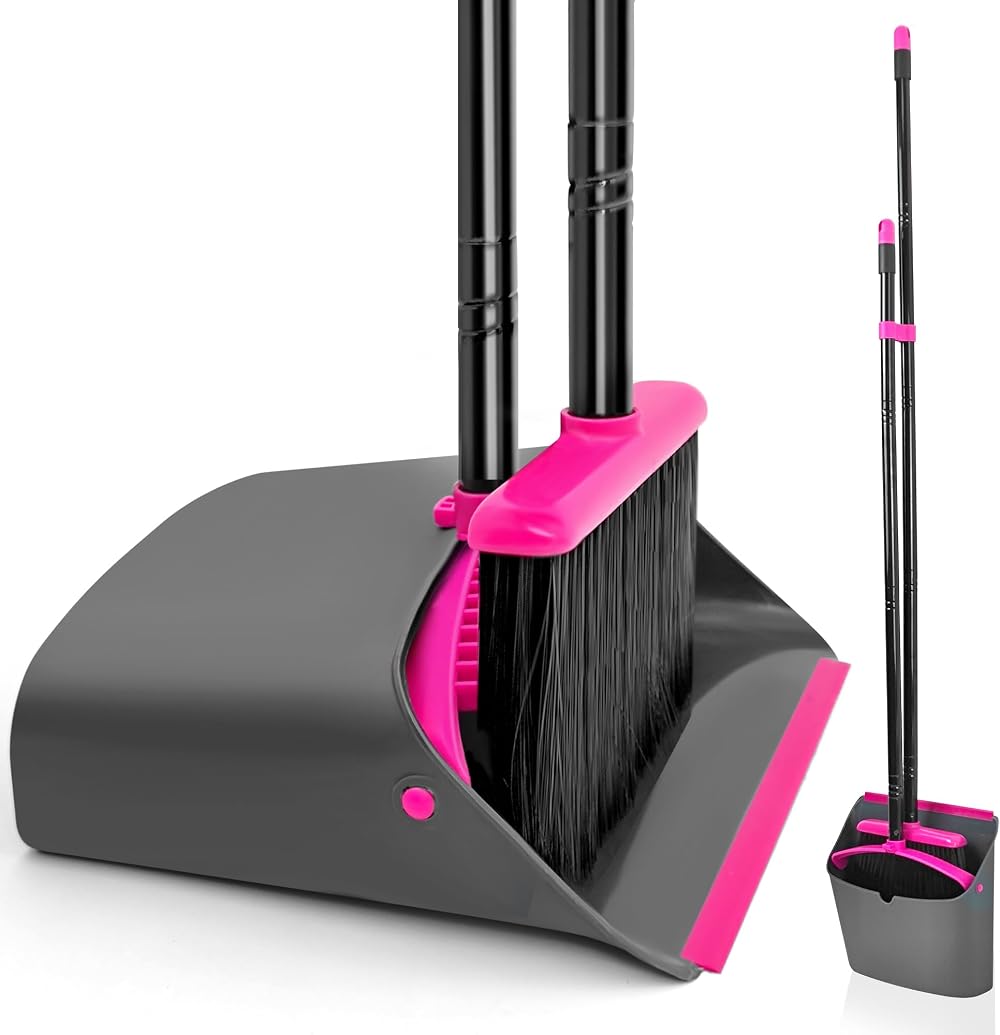 JEHONN Broom and Dustpan Set 137cm Adjustable Long Handle Rose Red