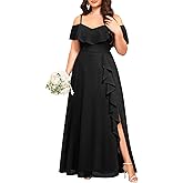Talisea Plus Size Formal Dresses - Off Shoulder Chiffon High Slit Ruffle Wedding Guest Bridesmaid Prom Evening Dress