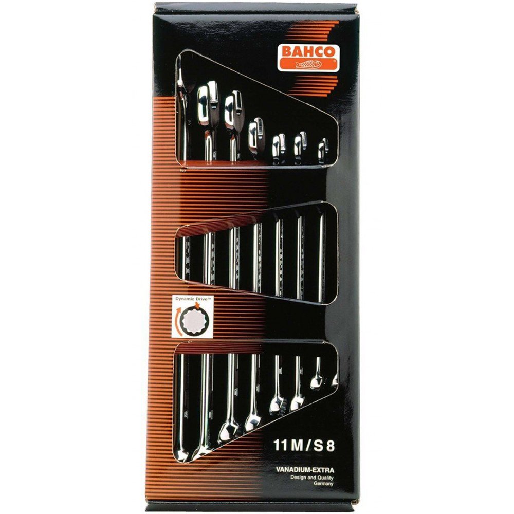 Bahco 11M/S8 Long Type Combination Wrench Set, Silver, 8-19 mm, Set of 8 Piece