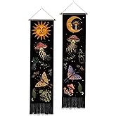 PLIGREAT 2 Pack Mysterious Art Mushroom Tapestry Vertical Boho Sun Moon Wall Hanging with Tassels Aesthetic Wall Tapestry for Bedroom Bathroom Living Room Long Narrow Wall Hanging Home Art Decor