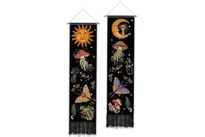 PLIGREAT 2 Pack Mysterious Art Mushroom Tapestry Vertical Boho Sun Moon Wall Hanging with Tassels Aesthetic Wall Tapestry for Bedroom Bathroom Living Room Long Narrow Wall Hanging Home Art Decor