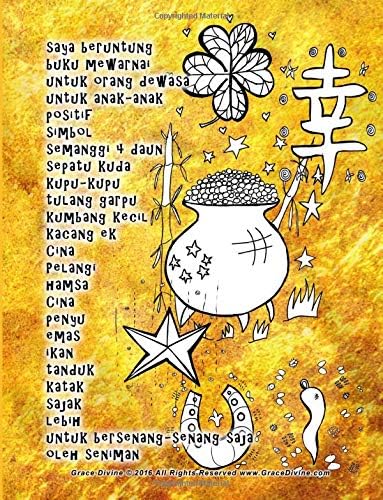 saya beruntung buku mewarnai untuk orang dewasa untuk anak-anak positif simbol semanggi 4 daun sepatu kuda kupu-kupu tulang garpu kumbang kecil kacang ... saja oleh seniman Grace Divine