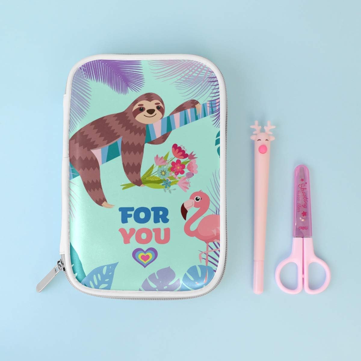 ISAOA Large Capacity Multifunction Pencil Case for School,Flamingo and Sloth with Bouquet Sturdy Stationery Pencil Pouch Cosmetic Bag Case for Pen Makeup Brush Notebook - Image 3