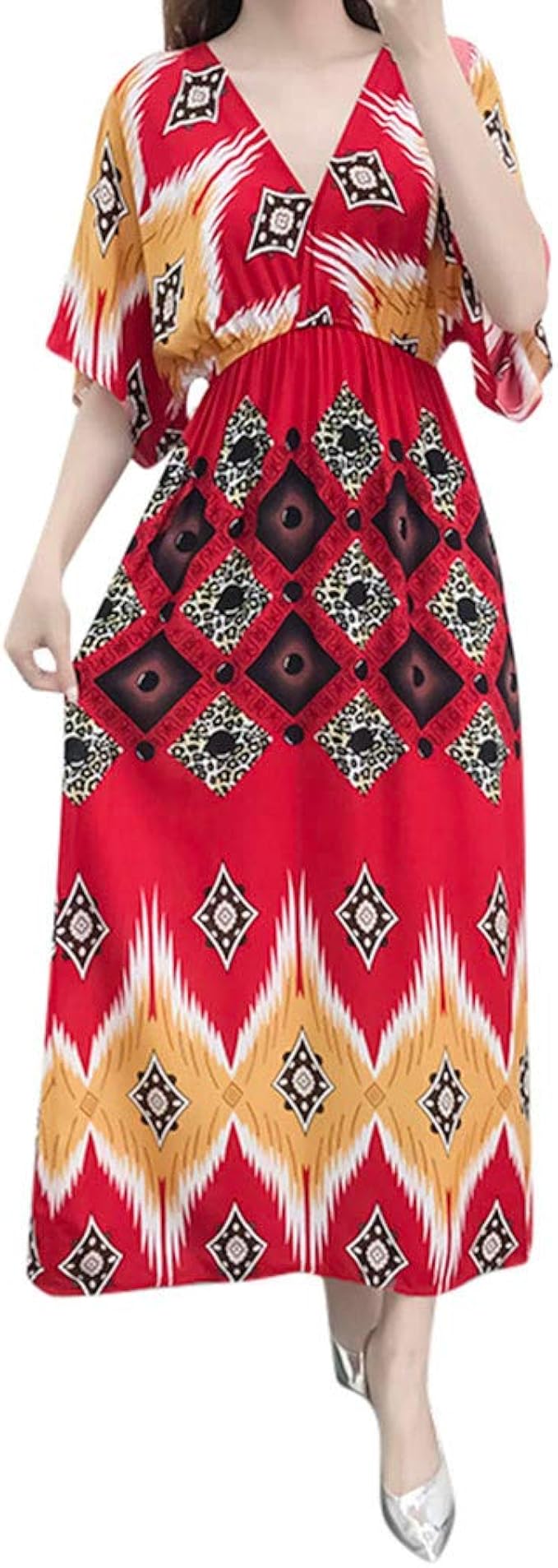 Amazon Co Jp Top Homie レディース ボヘミアン ワンピース レトロ Vネック 半袖 マキシ丈 スリム ドレス 春夏 おしゃれ エスニック ロング チュニック 服 ファッション小物
