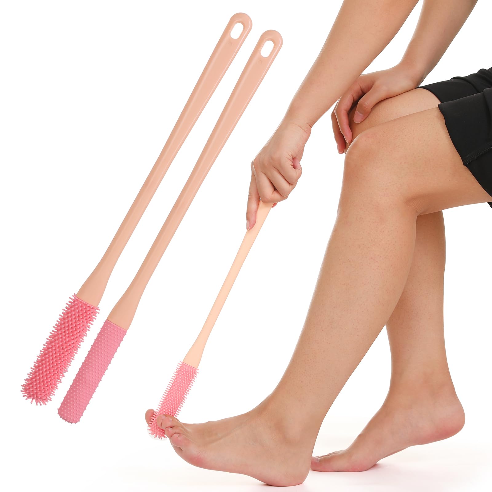 Pack of 2 Silicone Foot Wash Brush, Toe Washer for the Shower, Foot Brush with Brush Heads in Two Sizes, Toe Cleaner with Long Handle, Foot Shower Brush for Seniors (Pink)