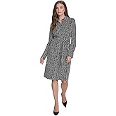 H Halston Womens Long Sleeve Collared V-Neck Button Front Belted Shirt Dress