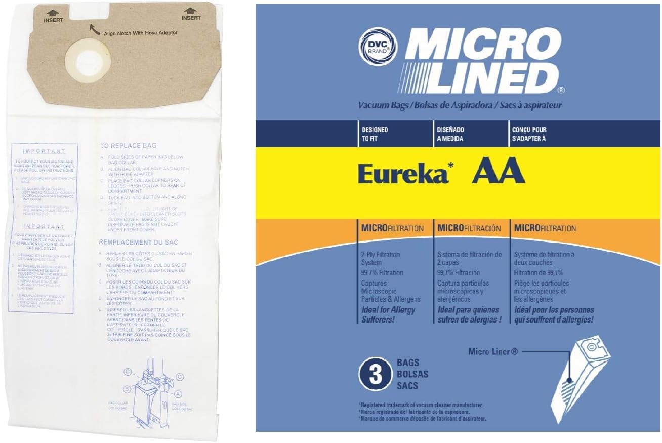 DVC Micro-Lined Paper Replacement Bags Style J, 61515C, 61995A Fit Eureka Upright Vacuums 2270, 2271, 2900, 2920-3 Bags