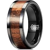 THREE KEYS JEWELRY 6,8mm Black/White Ceramic Wedding Ring with Real Koa Wood Inlay Flat Top Wedding Band Engagement Ring Comfort Fit Size 4-16