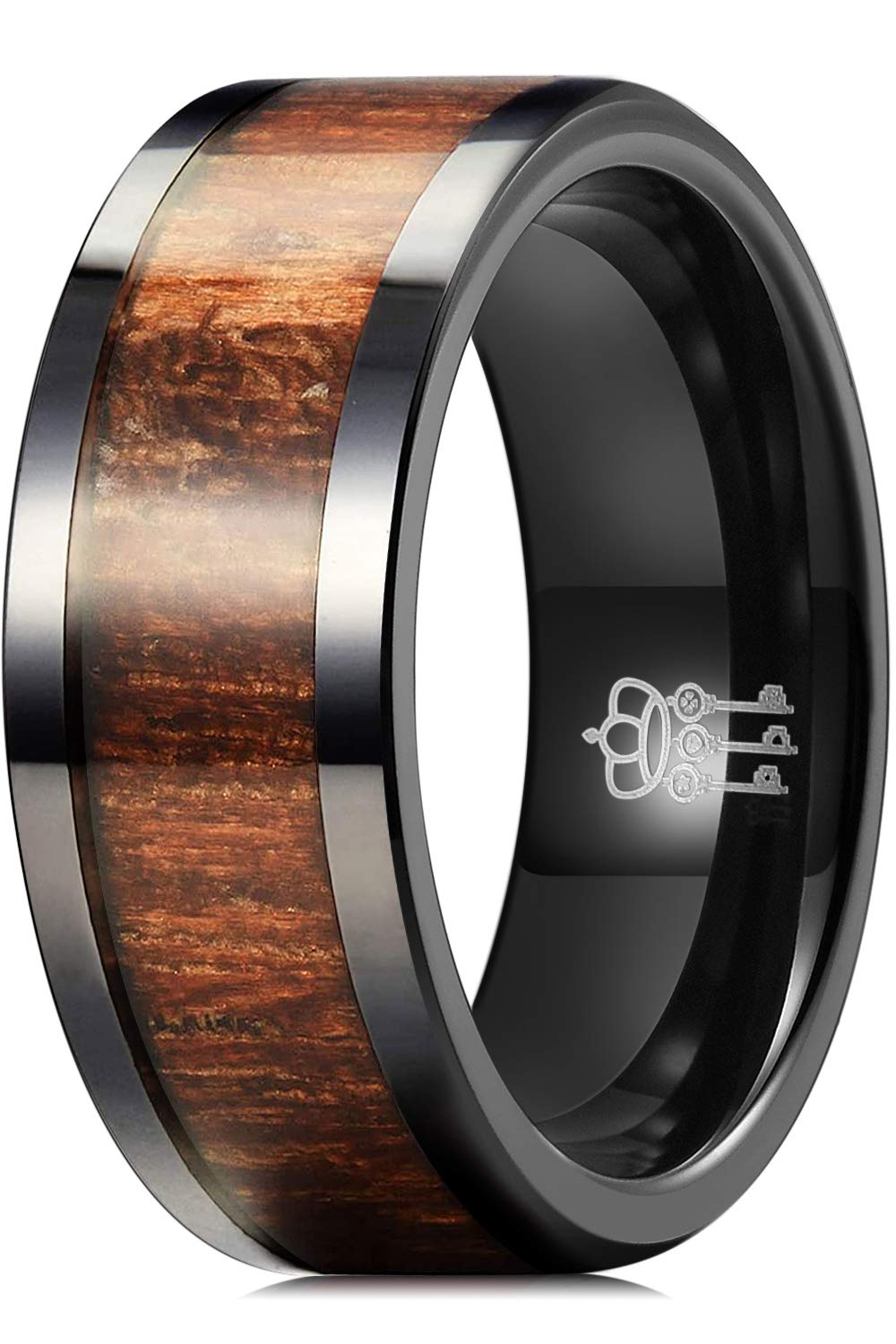 Three Keys Jewelry 8mm Black Ceramic Wedding Ring with Real Koa Wood Inlay Flat Top Wedding Band Engagement Ring Comfort Fit Size 14