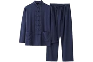 Cambkatl Men's Vintage Cotton Linen Tang Suit Chinese Traditional Mandarin Collar Kung Fu Shirts Long Sleeve Tai Chi Outfits