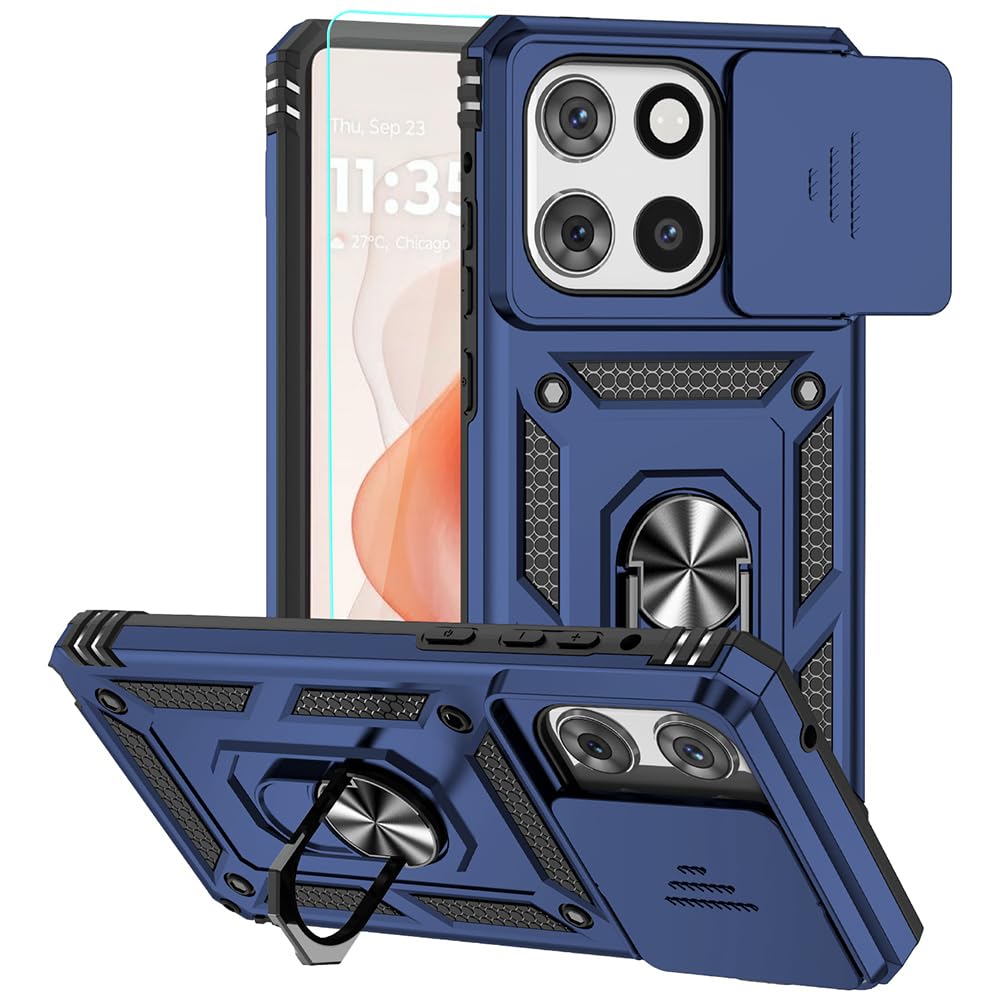 Photo 1 of Androgate for Moto G Stylus 5G 2025 Case with HD Screen Protector, Military-Grade Ring Holder Kickstand Slide Camera Lens Cover Shockproof Phone Case for Motorola G Stylus 5G 2025 Blue