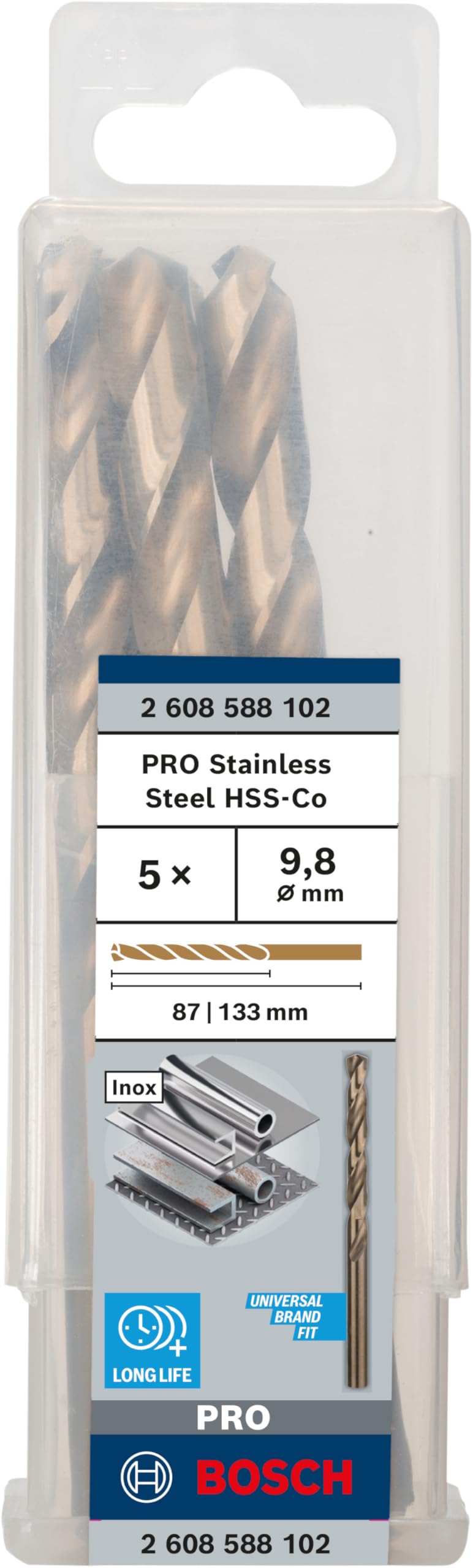 Bosch 5x PRO Stainless Steel HSS-Co Spiralbohrer (für Stahl, Edelstahl, Ø 9,80 mm, Professional Zubehör Bohrmaschine/Schrauber) 2