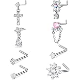 AceFun 8pcs Gold Silver L-Shaped Corkscrew Nose Rings Studs Set for Women 20G Surgical Steel Dangle Nose Ring Star Nostril Nose Piercing Jewelry Hypoallergenic CZ Heart Butterfly Bow Flower Bee Nose Studs