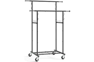 Gewudraw Double Rod Garment Rack with Wheels, Heavy Duty Rolling Clothes Rack For Hanging Clothes, Portable Metal Clothing Rack with Shelves,Black, 64.2inch Chrome