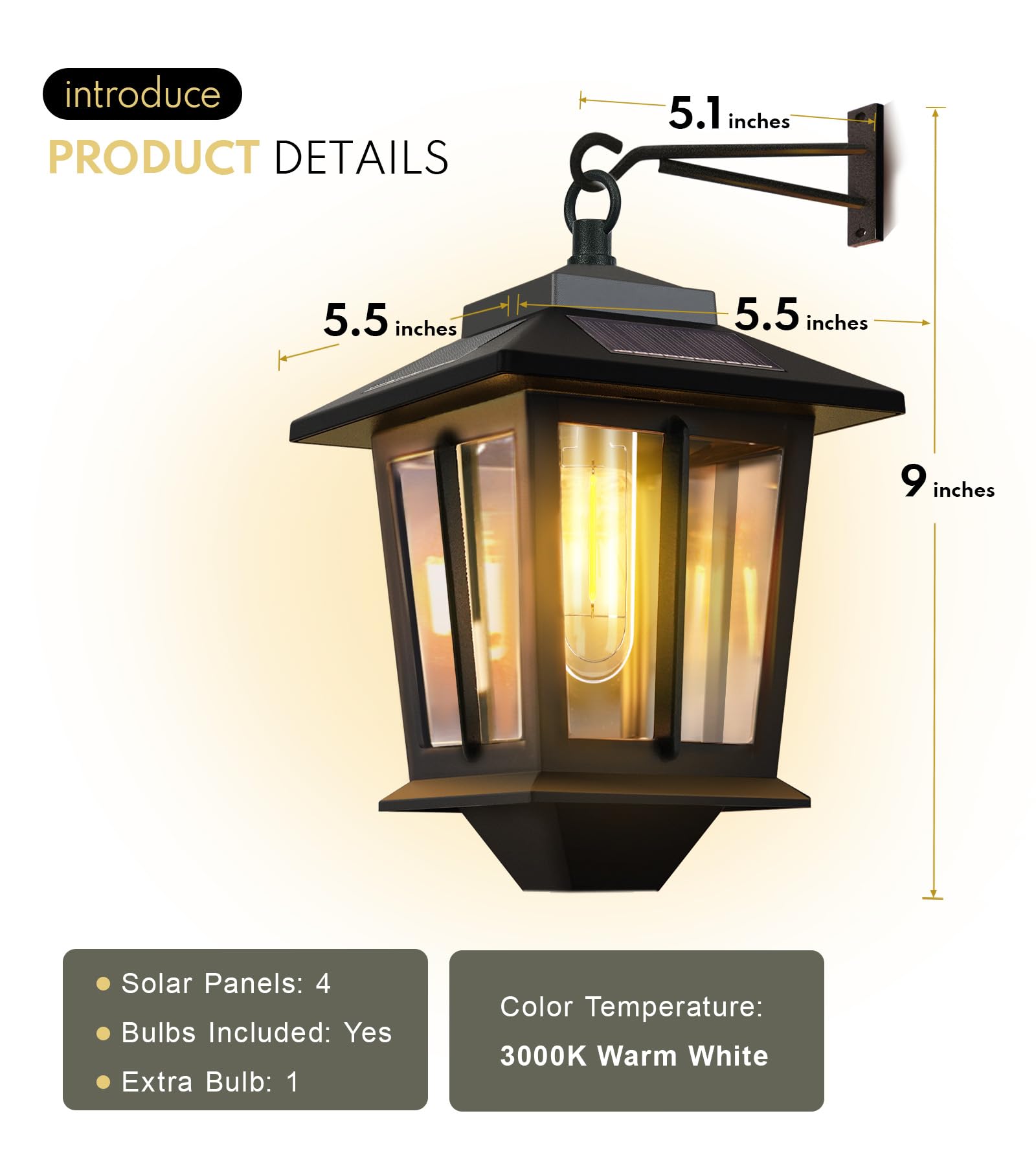 2 Pack Hanging Solar Lantern, Aluminum Outdoor Hanging Solar Lights with 4 Solar Panels, Dusk to Dawn Led Outdoor Solar Lanterns, Anti-Rust Waterproof Solar Wall Lanterns with Hooks, 3000K Warm White