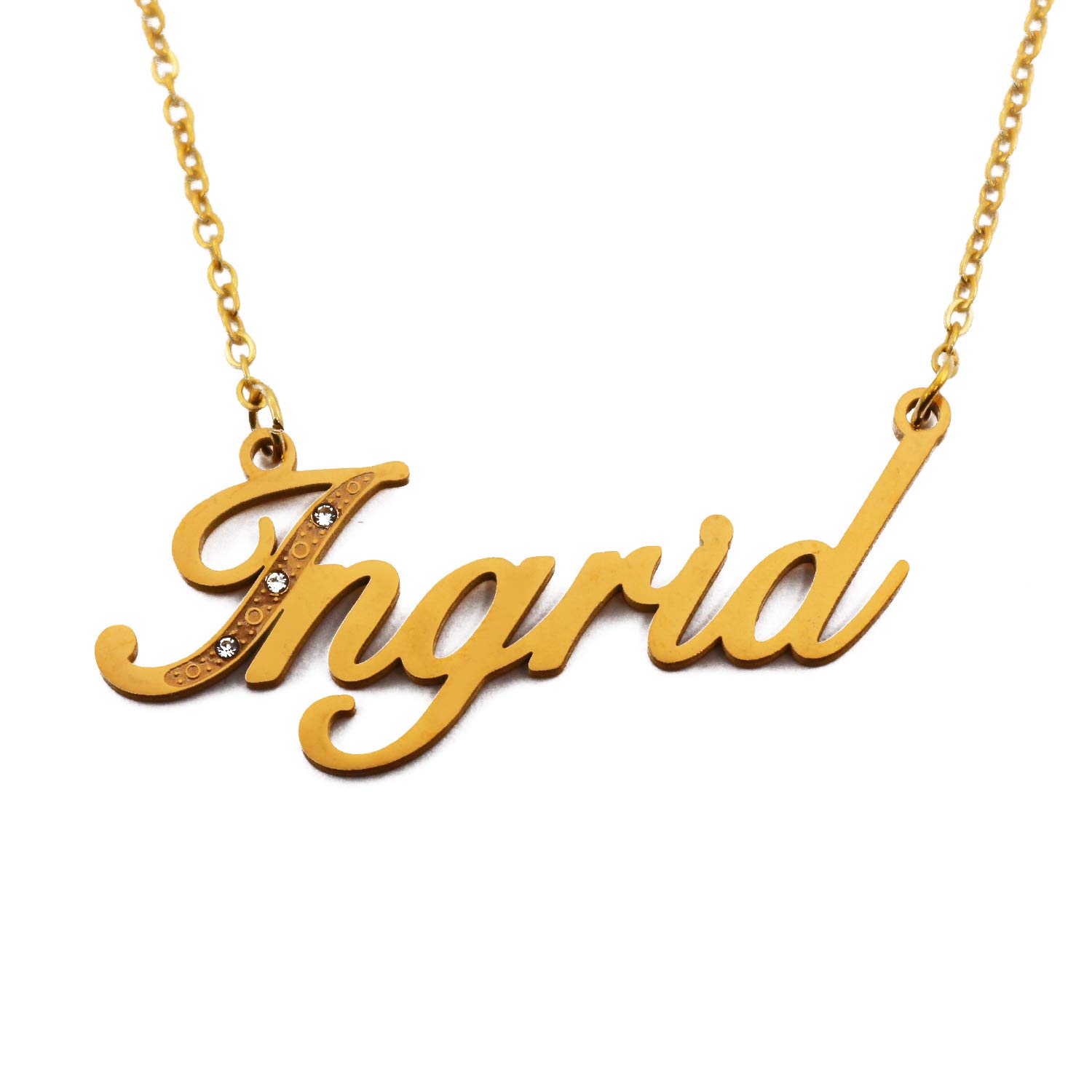 Kigu Ingrid Italic Personalised Name Necklace With Cubic Zirconia Gold Plated, Custom Dainty Name Pendants, Jewellery for Ladies, Girlfriend, Mother, Sister, Friends