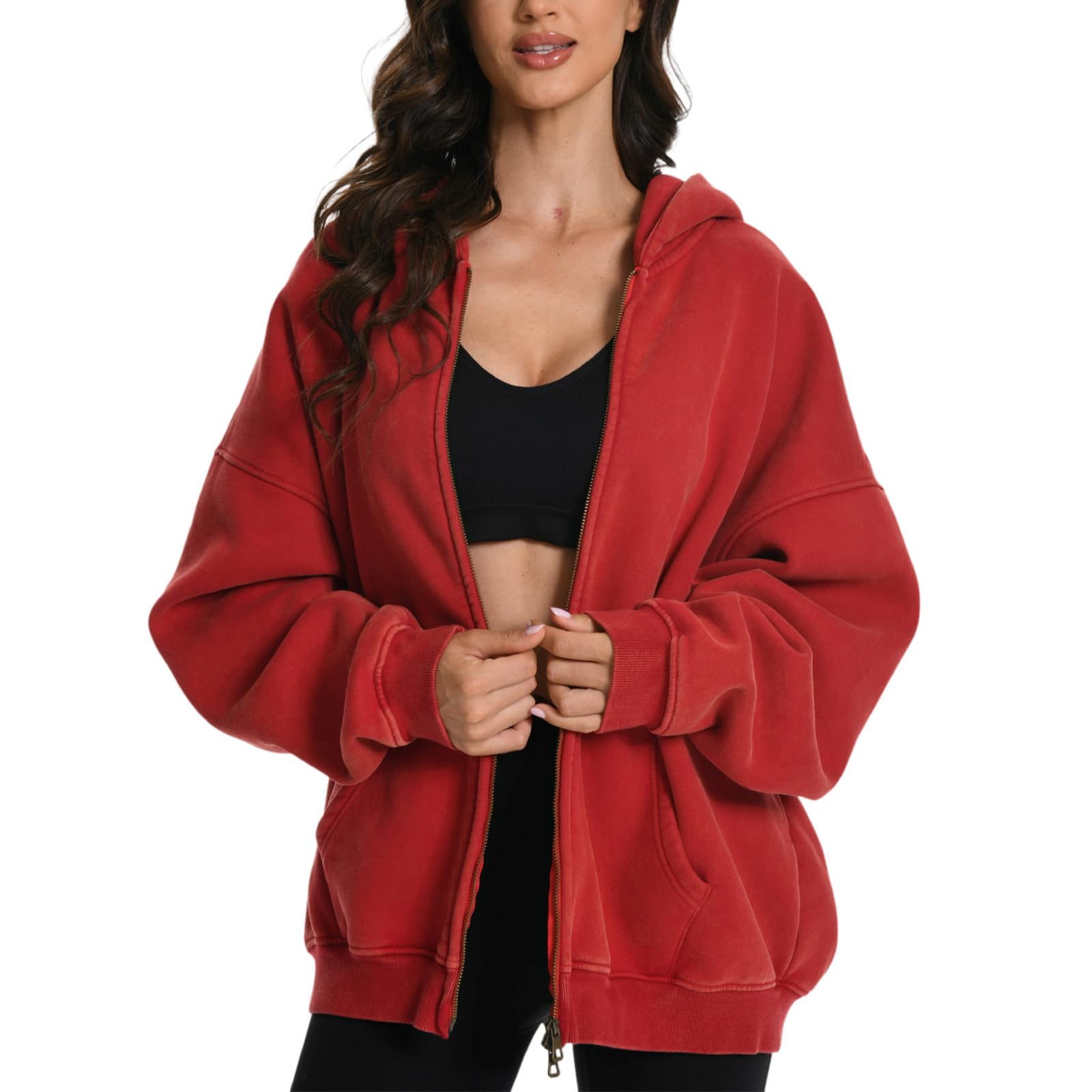 Photo 1 of FAIABLE Mens Womens Double Zip Up Hoodie Oversized Acid Wash Heavyweight Fleece Cotton Zipper Hoodie Vintage Y2k Full Zipup Couples Streetwear Red