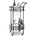 Round Black Rolling Bar Cart with 2 Mirror Shelves, Wine Rack and Lockable Casters, Suitable for Home Kitchen, Club, Living Room, Thanksgiving, Christmas, New Year, 15"X15"X30.7"