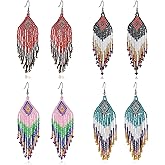 Weicam Women Jewellery 4 Pair Multicolor Nation Bohemian Style Tassel Earrings Handmade Beaded Jewelry